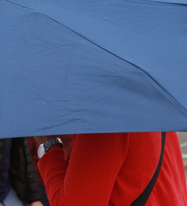 Blue umbrella and red jumper contrasting colours